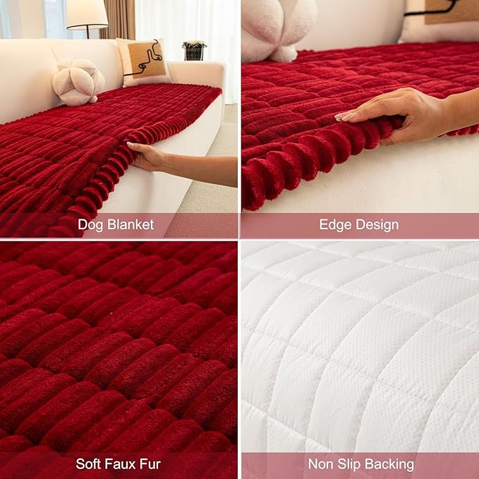Christmas Faux Fur Plush Dog Couch Cover, 3D Stripe Fuzzy Sofa Covers, Non-Slip Fluffy Dog Bed Cover Pet Blanket, Washable Furniture Protector for Puppy Cat (Red,35"x94")