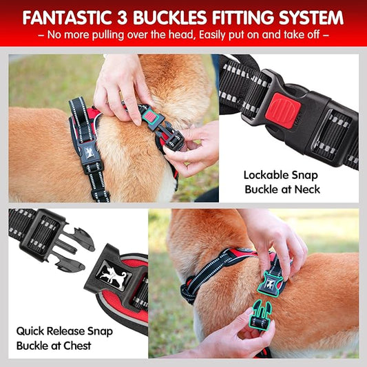 PoyPet Dog Harness and Leash Combo, Escape Proof No Pull Vest Harness, with 5 Feet Leash, Reflective Adjustable Soft Padded Pet Harness with Handle for Small to Large Dogs(Red,L)