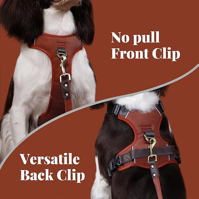 No Pull Dog Harness Medium Sized Dog,Stylish PU Leather Vest with Easy Control Handle,No Choke Front Clip with 2 Metal Leash Clips,Reflective & Adjustable for Walking,Brown,Chest 27-33"