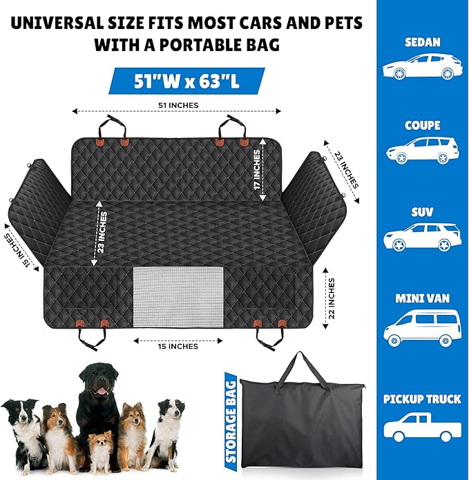 EcoNour Hard Bottom Back Seat Extender for Dogs | Holds 400 Lbs Fits Sedan, SUV and Truck | Waterproof Backseat Cover for Dogs in Car | Seat Protector for Dog | Car Dog Hammock Cradle - 51x63 inches