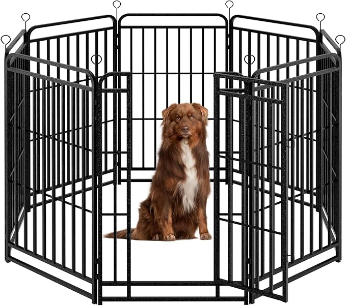 Dog Fence Outdoor 8 Piece Panels 47" Height, Square Steel Pipe with Reinforced Crossbars, Anti-Rust Heavy Duty Dog Playpen with Doors Portable for Yard RV Camping, Total 18FT, 25 Sq.ft, Snowy Black
