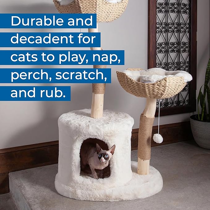 Habitat Haven The Bungalow Cat Tree - Luxury Cat Condo, Large Modern Indoor Tower with 2 Faux Fur Beds, Scratching Posts, Toys, and Den for Cats, 23.5-Inch Width x 18-Inch Depth x 43-Inch Height