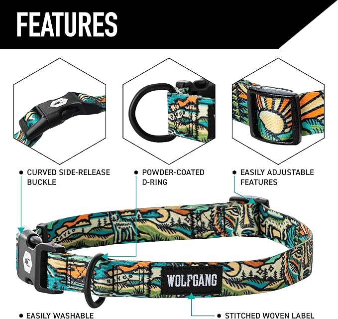 Wolfgang Heavy Duty, Adjustable Dog Collar with Quick Release Nylon Buckle for Walking & Training, WildWolf Print, Small