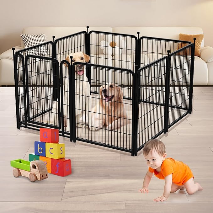 Dog Fence Outdoor 40inch 8 Panels with Door, Puppy Playpen Indoors, Metal Dog Pen Heavy Duty Pet Puppy Exercise Pen for Rv Camping Garden Yard, Wide Door Low Threshold Total 31 Ft Long