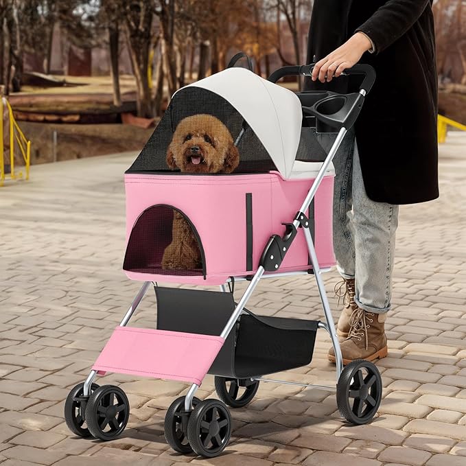 MoNiBloom 3 in 1 Foldable Pet Stroller for Small & Medium Dogs, Detachable Carrier, Car Seat, Push Button Entry, 4-Wheel Jogger for Pets up to 33 lbs, Pink