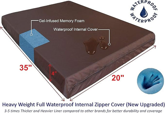 Dogbed4less Orthopedic Gel Memory Foam Pet Dog Bed, Waterproof Liner with External Microsuede Cover and Bonus Antislip Cover (Microsuede Gray, 35"X20"X4" Inches)