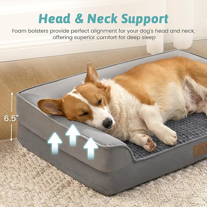 Orthopedic Large Dog Beds, Bolster Pet Couch with Waterproof Lining, Egg Crate Foam Sofa for Pets Up to 65 lbs, U-Shaped, 36x27x6.5 inch, Grey