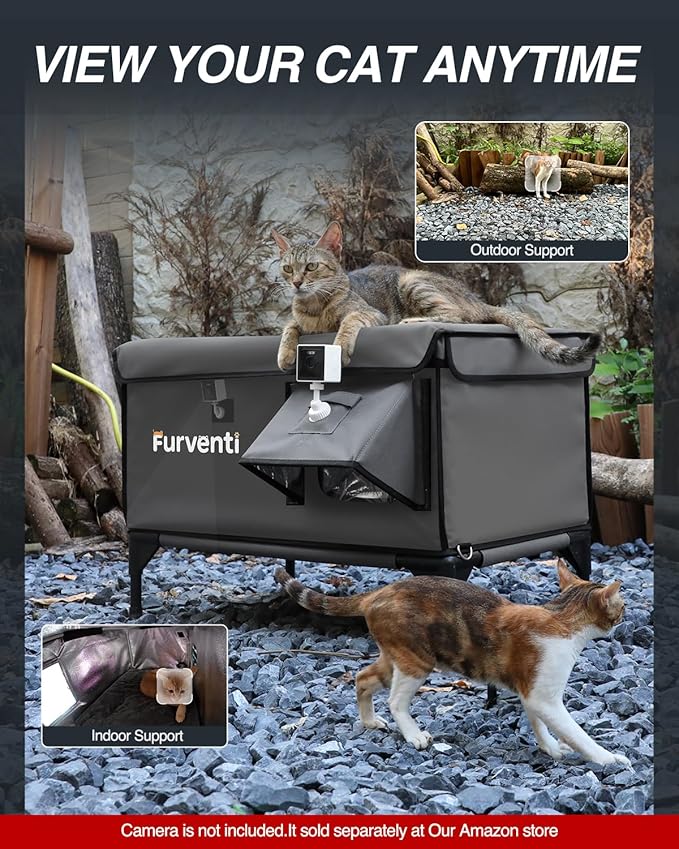 Heated Cat House for Outside,Dual Camera Mounts,100% Weatherproof & Extremely Insulated,Elevated Feral Cat Shelter with Escape Door,Waterproof Eaves for Outdoor Stray Barn Cat(Grey,S)