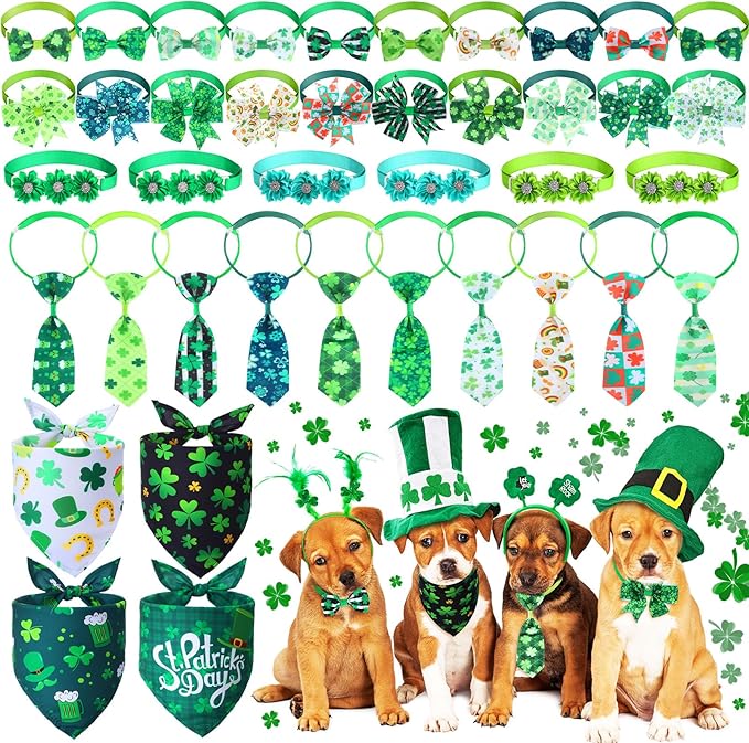 Reginary 40pcs St. Patrick's Day Dog Bow Ties Collars Bulk Clover Dog Bandanas Neckties Adjustable Shamrock Collars Pet Grooming Accessories for Small Medium Cats Holiday Pet Decorations