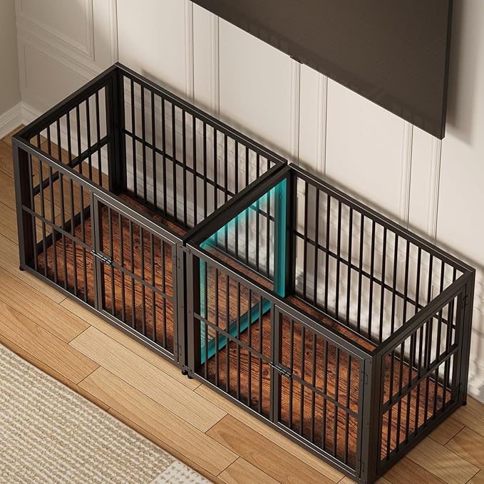 Lyromix 66'' Dog Crate Furniture with Double Rooms,Wooden Crate TV Stand with Removable Divider, Heavy Duty Indoor Puppy Cage Kennel for Small to Medium Dogs, Can Use Separately, Rustic Brown