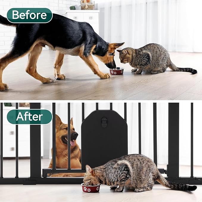 Babelio 36-56" Extra Wide Auto Close Baby Gate with Cat Door, Pet Gate Indoor with Extra Wide Walk Thru Door, Metal Dog Gate for Doorway, Stairs, Includes 4 Wall Cups and 3 Extension Pieces, Black