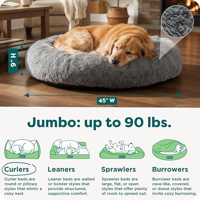 FurHaven 45" Calming Donut Dog Bed for Large Dogs, Round Plush Donut Design with Soft Filling for Snuggling Comfort, Removable Washable Cover, Jumbo/XL, Shaggy Faux Fur, Gray