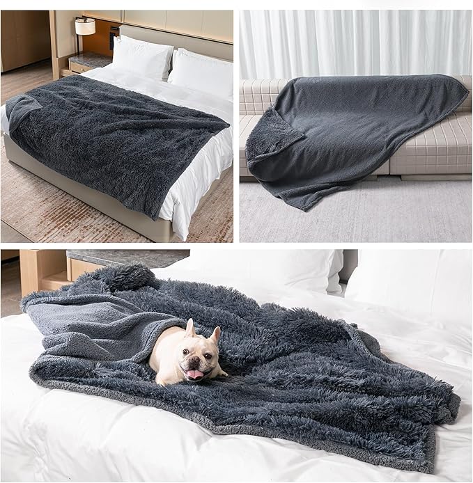 Waterproof Pets Blankets for Dogs Calming Cat Blanket for Bed Couch Sofa Cover Protector Washable Long Faux Fur Pet Throw Blanket for Puppy Reversible Furniture Protection Mats (Gray,M-57x40in)