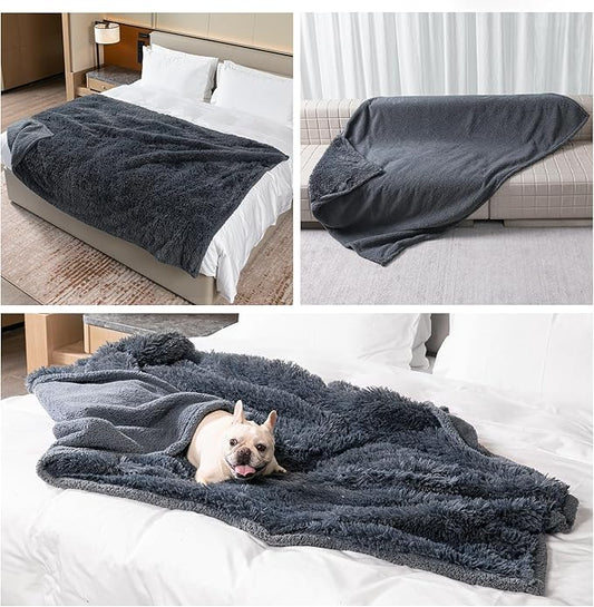 Waterproof Pets Blankets for Dogs Calming Cat Blanket for Bed Couch Sofa Cover Protector Washable Long Faux Fur Pet Throw Blanket for Puppy Reversible Furniture Protection Mats (Gray,M-57x40in)