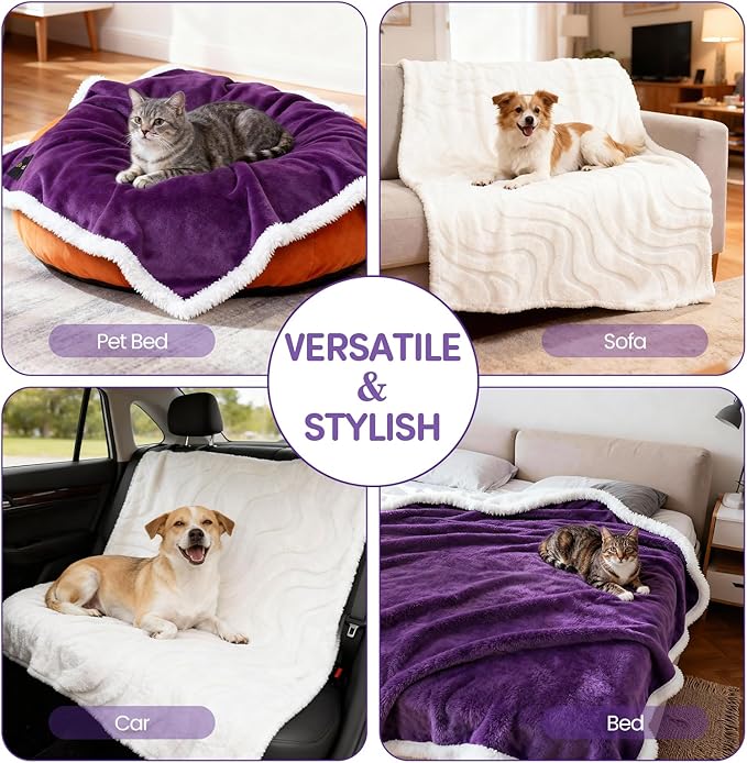 Waterproof Dog Blanket for Small Dog–Double Sided Washable Cat Puppy Blanket, Soft, Warm, Pet Throw Essentials, Purple White M(40×28)"