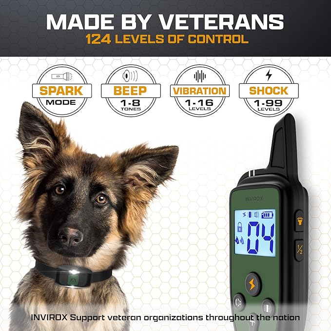 INVIROX Training Collar for Large Dog X2 [Spark K9] 124 Levels with Remote 1100yd Range, Night-Light Mode for Medium Dogs IP67 Waterproof Training Collar for Dogs