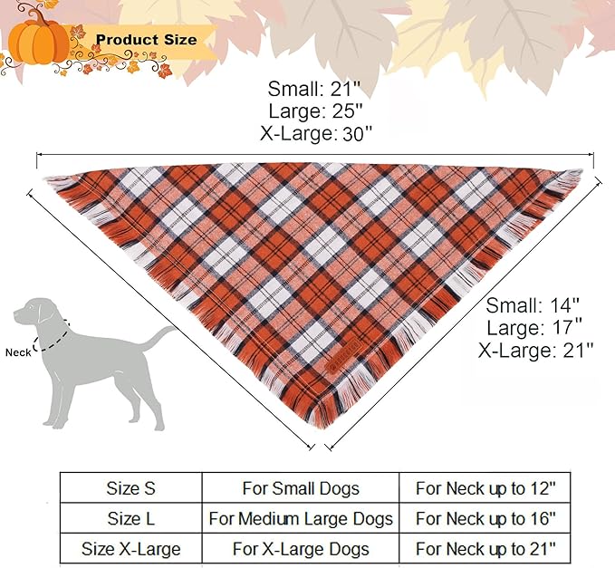 ADOGGYGO Fall Dog Bandanas with Tassels Edges, Orange Brown Plaid Scarf Bib, Multi Size, Fall Thanksgiving Halloween Bandanas for Small Dogs (Small)