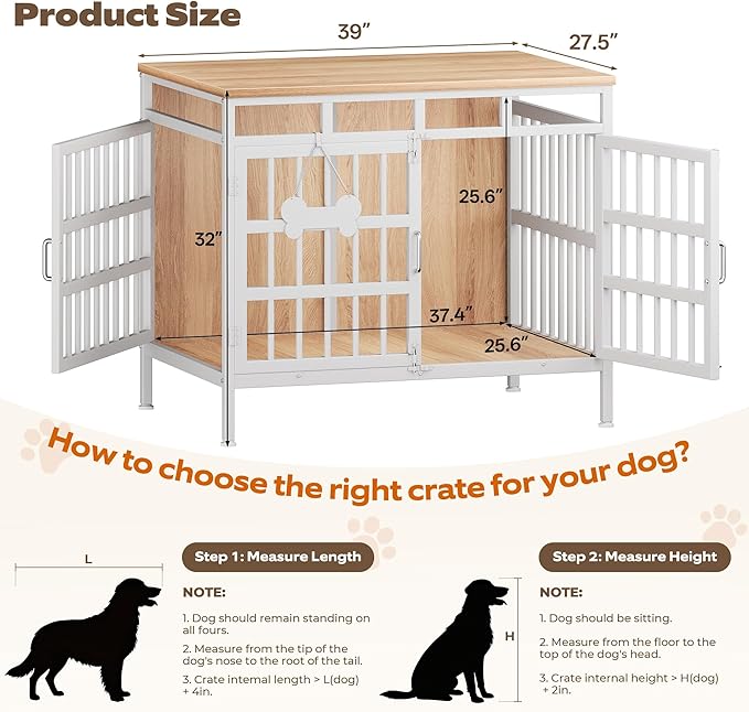 39 Inch Dog Crate Furniture, Heavy Duty Dog Kennel for Small Medium Large Dogs, Double Doors Indoor Decor Pet House Cage, Anti Escape Wooden Dog Cage with Name Tag End Table, TV Stand, Beige