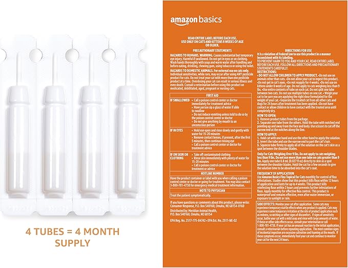 Amazon Basics PreventativeTopical Flea Treatment for Medium Cats (5-9 Pounds), 4 Count