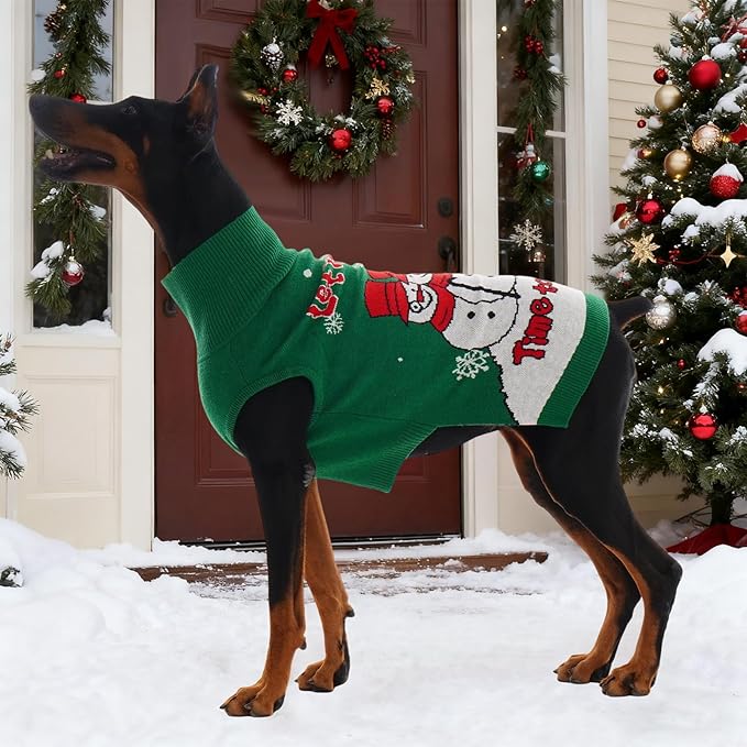 IECOii Christmas Dog Sweater for Large Dogs Girl Boy, XXXL Dog Christmas Sweater with Leash Hole, Xmas Pet Turtleneck for Festive, Holiday Snowman Snowflake Pattern for Christmas Photos, Green, 3XL