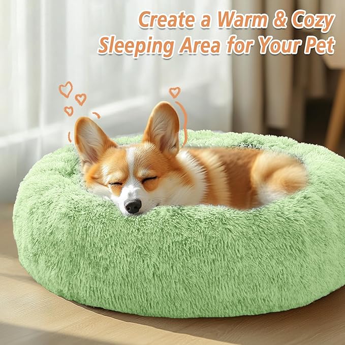 JOLLYVOGUE Small Dog & Cat Beds for Indoor Cats, Donut Cuddler Warming Soft Dog Beds with Anti-Slip Bottom, Round Calming Fluffy Plush Faux Fur Cushion Bed for Medium Dogs (31", Light Green)