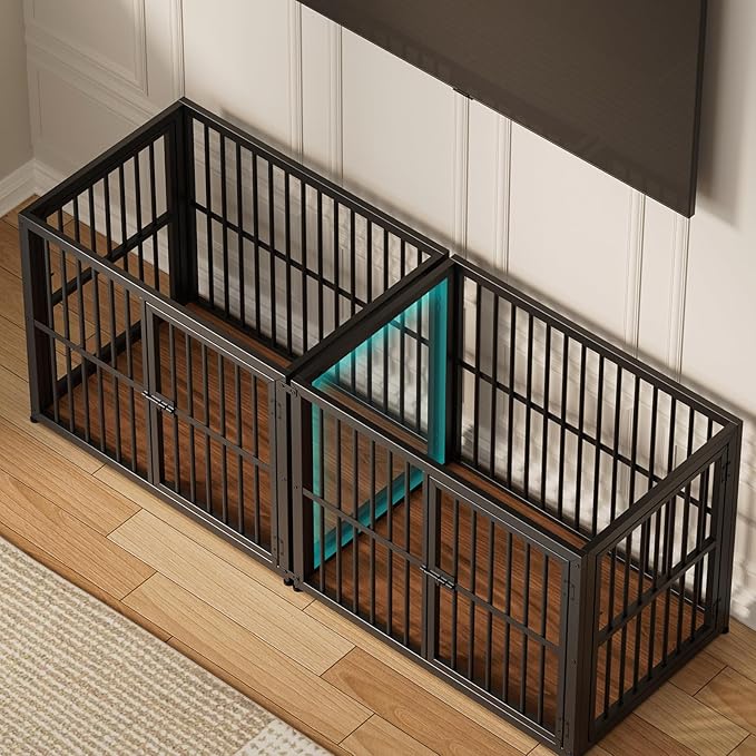 Lyromix 66'' Dog Crate Furniture with Double Rooms,Wooden Crate TV Stand with Removable Divider, Heavy Duty Indoor Puppy Cage Kennel for Small to Medium Dogs, Can Use Separately, Walnut