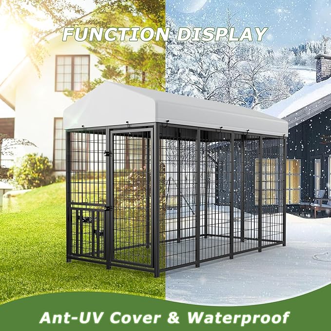 ROOMTEC Heavy Duty Outdoor Dog Kennel with Rotating Bowls, 8 x 4 x 5.6-ft