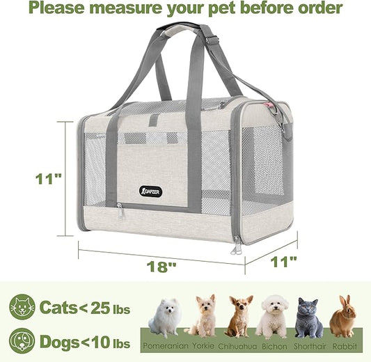 Cat Carrier American Airline Approved 18x11x11, Top Opening Sturdy Soft Pet Carrying Bag See Through, Mini Dog Hard Bottom Crate Kennel Case, 4-Side-Ventilation Mesh Cage Toy Poodle Biege