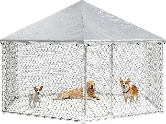 9.1x9.1 FT Outdoor Dog Kennel Outside Heavy Duty Dog Enclosure with Waterproof Cover and Security Lock, Galvanized Wire Mesh Hexagonal Large Dog Kennel(109.4x109.4x95.3IN)