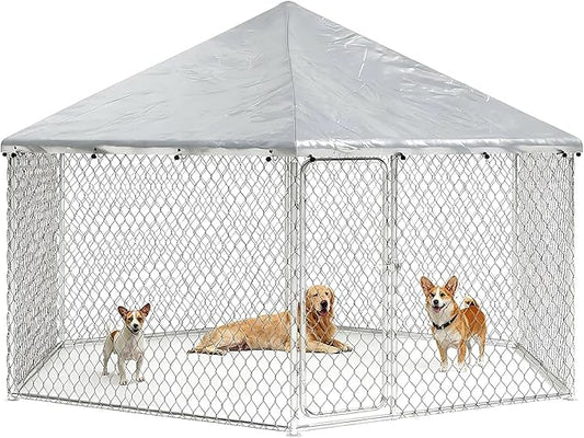 9.1x9.1 FT Outdoor Dog Kennel Outside Heavy Duty Dog Enclosure with Waterproof Cover and Security Lock, Galvanized Wire Mesh Hexagonal Large Dog Kennel(109.4x109.4x95.3IN)
