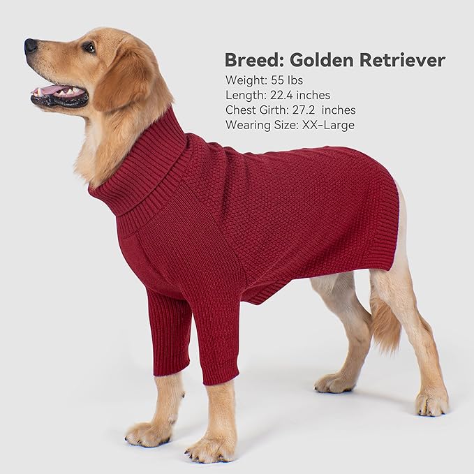 cyeollo Dog Christmas Sweater Knitwear with Long Sleeves Turtleneck Pullover Sweaters Fall Winter Dog Clothes Sweaters for Large Dogs, Burgundy XXXL