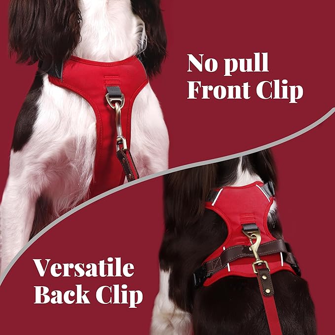 No Pull Dog Harness Medium Sized Dog,Stylish PU Leather Vest with Easy Control Handle,No Choke Front Clip with 2 Metal Leash Clips,Reflective & Adjustable for Walking,Red,Chest 22-29"
