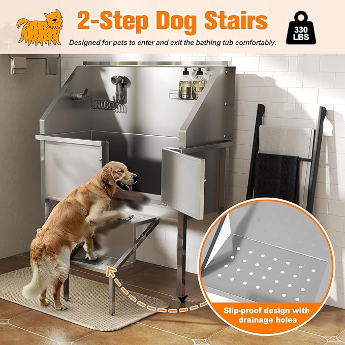 COZIWOW 56" Dog Washing Station, Large Dog Wash Station for Home, Stainless Steel Dog Grooming Tub, Professional Dog Bathing Station with Shower Hose, Washing Gloves, Floor Grate
