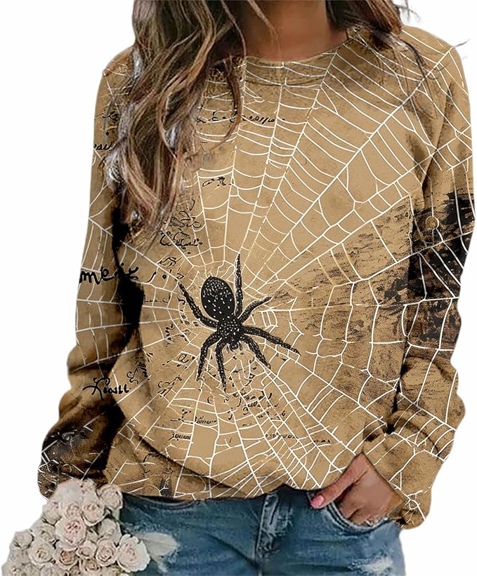 MARSVOVO Fall Sweatshirt for Women Novelty Spider Web Shirt Dressy Casual Crewneck Tunic Tops Spring Graphic Pullover