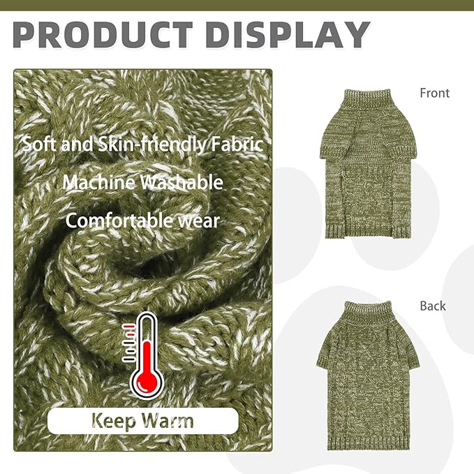 KOOLTAIL Thermal Knitted Dog Sweater for Small Medium Large Dogs, Turtleneck Cable Knit Doggy Winter Coat Warm Clothes Sweatshirt Outfits for Cold Weather,Pullover Pet Jumper for Puppy Cats Green XL