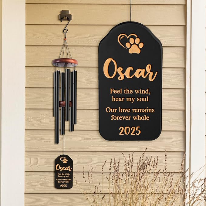 Personalized Dog Memorial Gifts for Loss of Dog Wind Chime w/Name & Date, Feel The Wind, Hear My Soul - Sympathy Gifts - 37" Custom Engraved Pet Memorial Wind Chime Gift - Black Color, D3