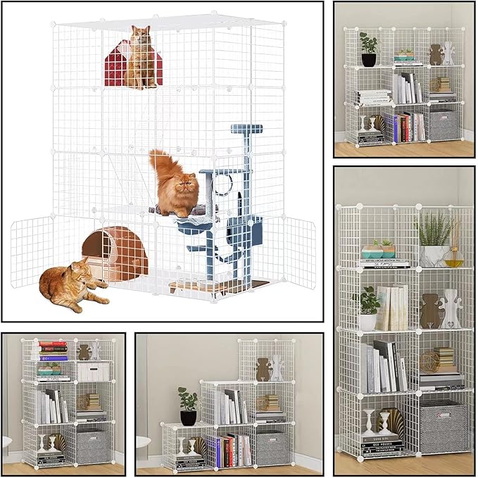 Large Cat Cage Enclosure Indoor DIY Cat Playpen Pet Home Small Animal House Detachable Metal Wire Kennels Crate Large Exercise Place Ideal for 1-4 Cat (White, 41.3" Lx14 Wx55 H, 1)