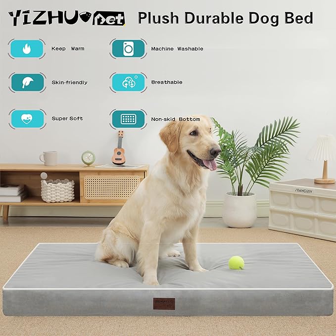 Dog Bed Mats for Large Big Dogs - Orthopedic Dog Pet Bed Thick Egg Foam Crate, Removable Washable Cover, Non-Slip Bottom Durable Dog Crate Bed Mat (Light Grey, XXXL(54''x42''x4''))