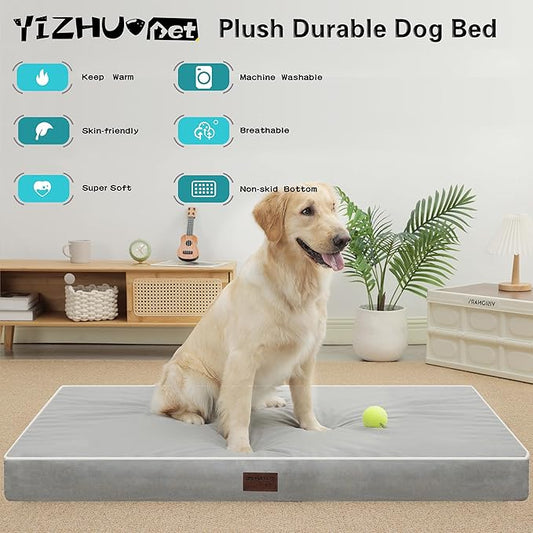 Dog Bed Mats for Big Dogs - Orthopedic Dog Pet Bed Thick Egg Foam Crate, Removable Washable Cover, Non-Slip Bottom Durable Dog Crate Bed Mat (Light Grey, XL(42''x30''x4''))
