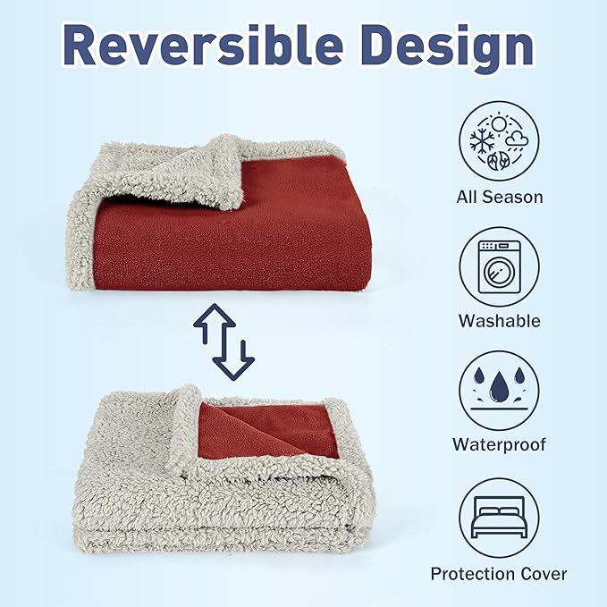 Kritter Planet Waterproof Pet Blanket for Bed, Reversible Sherpa Fleece Protector Couch Cover for Pets, Liquid Proof Furniture Protector for Medium Large Dogs