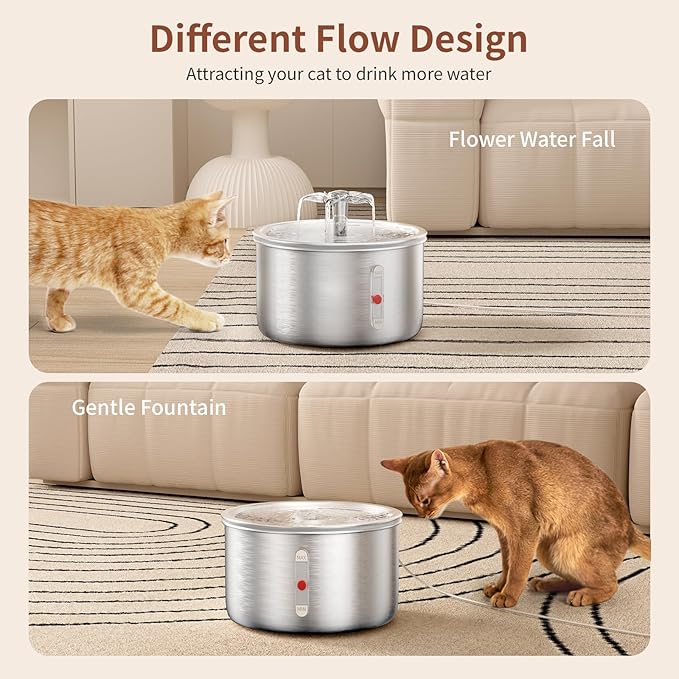 Stainless Steel Cat Water Fountain, 68oz/2.0L Cat Fountain with Flower Waterfall Spout Pet Water Fountain for Cats Indoor, Dog Water Fountain with Sponge