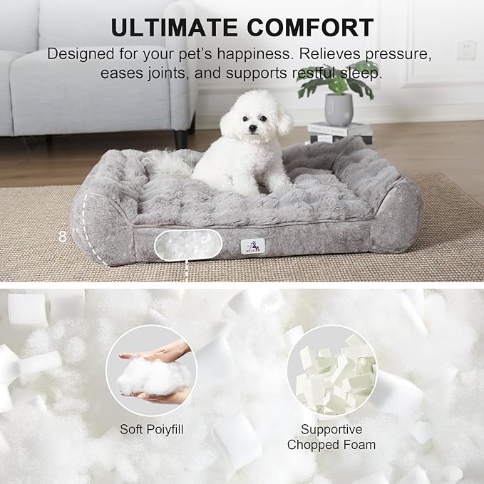 Warm Fluffy Dog Bed for Large Dogs - 35" Faux Fur Pet Couch with Removable Washable Cover, Nonskid Bottom, Supportive Foam, Comfortable Dog Sofa Bed for Medium Large Dogs, Gray