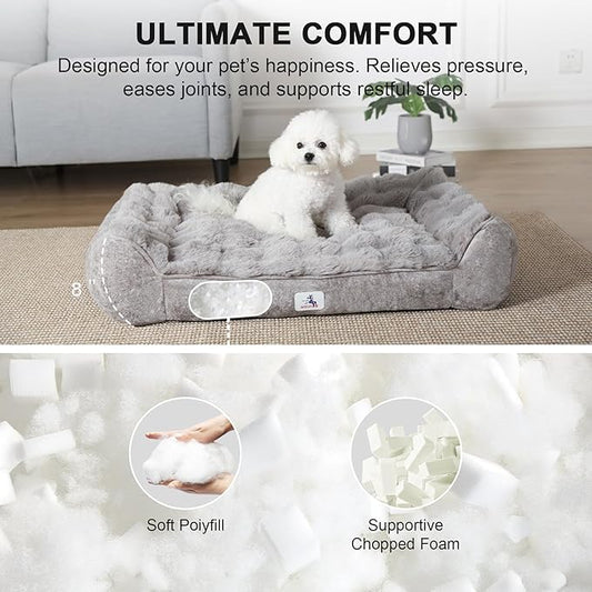 Warm Fluffy Dog Bed for Large Dogs - 35" Faux Fur Pet Couch with Removable Washable Cover, Nonskid Bottom, Supportive Foam, Comfortable Dog Sofa Bed for Medium Large Dogs, Gray
