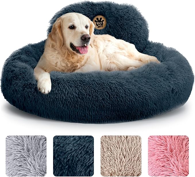 PetJett Calming Dog Beds Large Sized Dog - 36'' Round Bed, Anti-Slip & Washable Super Soft Donut Bed, Fluffy Faux Fur Anti-Anxiety Premium Comfort Pet Bed, Fits Dogs up to 100 lbs - Dark Grey