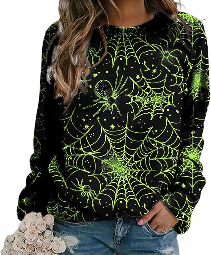 MARSVOVO Fall Sweatshirt for Women Novelty Spider Web Shirt Dressy Casual Crewneck Tunic Tops Spring Graphic Pullover