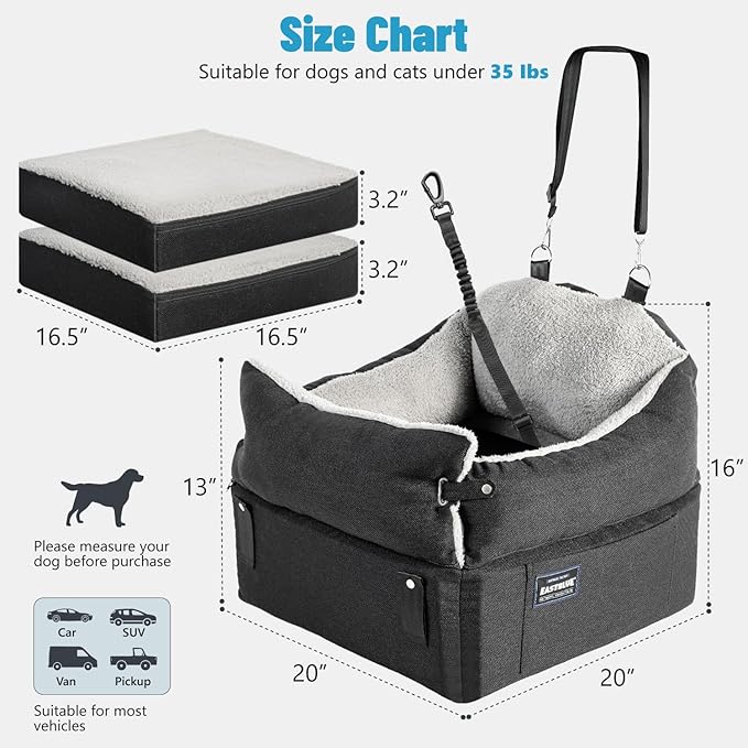 EASTBLUE Dog Car Seat for Small Medium Dogs Up to 35 lbs, 2 Memory Foam Pads Dog Booster Car Seat with Seat Belt, Washable Pet Carseat for Puppy & Cat, Dogs Travel Bed for Cars (Black/Grey-Fleece)