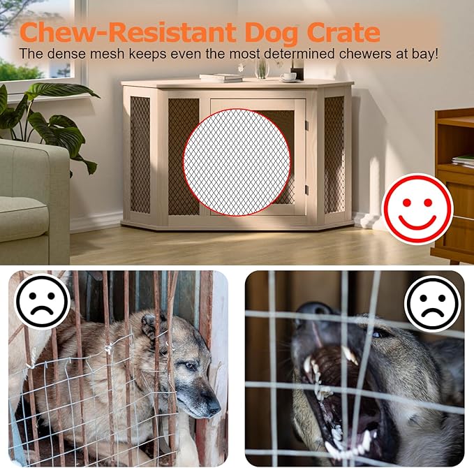 Corner Dog Crate Furniture, 52" Wooden Dog Kennel Furniture End Table with Mesh, Dog Kennel Indoor Furniture for Small Medium Large Dogs, Modern Decorative Wood Pet House Dog Cage Crate, White
