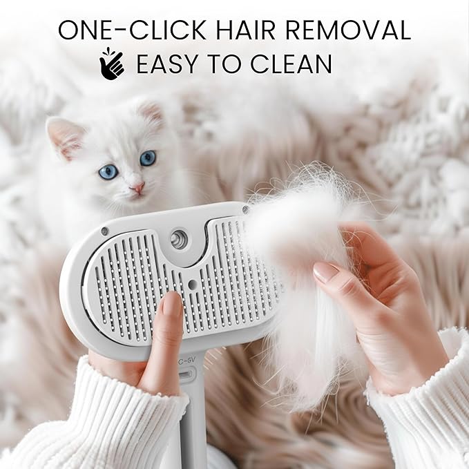 3-in-1 Anti-Static Pet Steam Brush for Dogs & Cats - Steam Clean, Calming Massage & Self-Cleaning Hair Ejection, Quick Heat-Up, USB-C Rechargeable, Low-Noise Deshedding & Dematting - White