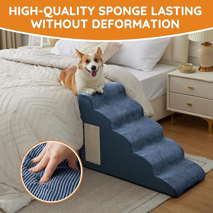 Dogs Steps for Bed, Dog Stairs for Small Dogs, 2-Step Dog Ramp for Bed, Couch, Sofa, and Chairs, Non-Slip Bottom Design, Cat Scratching, High Density Foam Portable Pet Step, Indoor, Navy