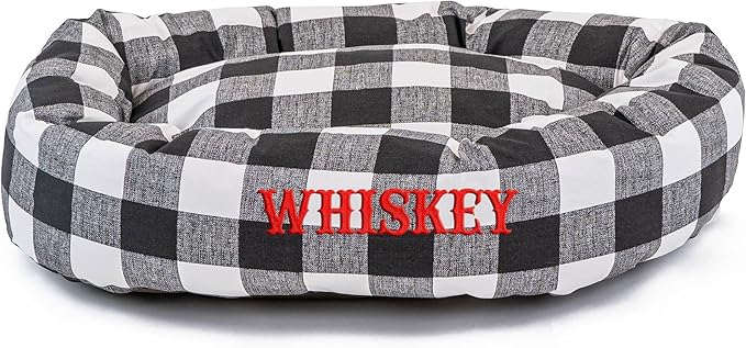 Majestic Pet Anderson Check Personalized Bagel Dog Bed | Donut Style Pet Bed with Custom Embroidered Pet Name | Various Fonts and Thread Colors Available (Small, Charcoal Black)